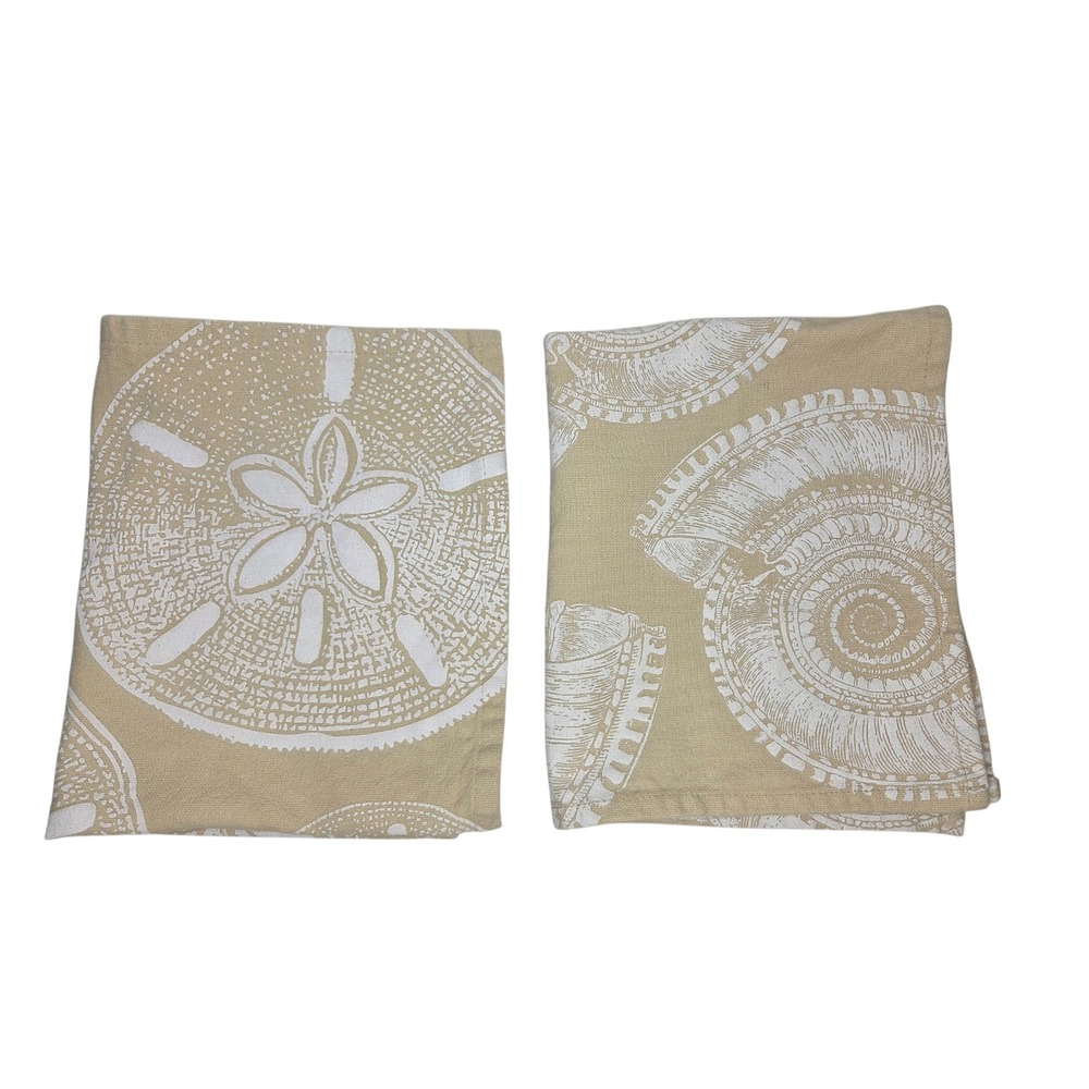Mud Pie Coastal Dish Hand Towels Set Tan White Sand Dollar Seashell 100% Cotton